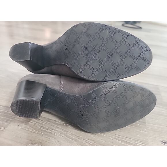 Vionic Womens Ankle Boot Sz 8.5 Suede Taupe Gray Leather Fringe Zip Block Heel - Picture 16 of 16